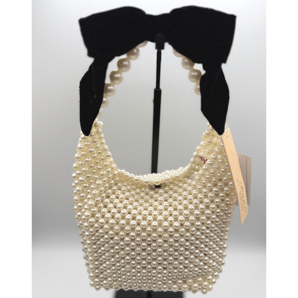 Jewel Badgley‎ Mischka Pearl Beaded Coquette Mini Bag Black Velvet Bow Cream NWT